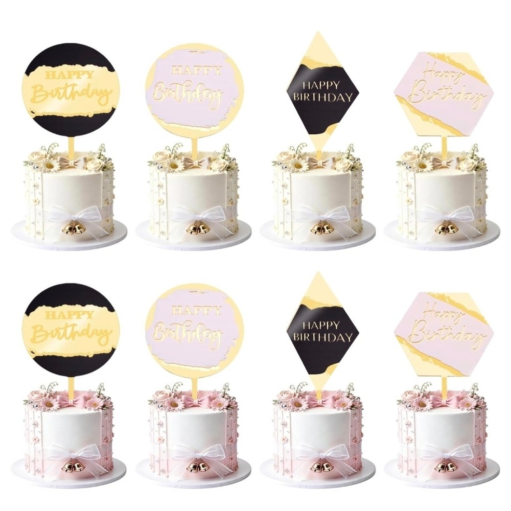 Cake Topper 8pc Birthday Unisex Gold Black Pink Modern Acrylic Set - Picture 1 of 4